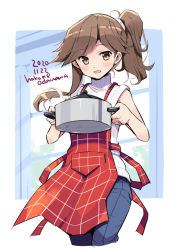 Rule 34 | 1girl, :d, apron, arashio (kancolle), blue pants, blush, brown eyes, brown hair, cropped legs, dated, holding, holding pot, jewelry, kantai collection, long hair, odawara hakone, one-hour drawing challenge, open mouth, pants, pot, red apron, ribbed sweater, ring, sleeveless, sleeveless sweater, smile, solo, sweater, turtleneck, turtleneck sweater, twitter username, wedding band, white sweater