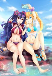 Rule 34 | 2girls, :d, ;q, absurdres, alternate costume, anklet, arm up, artist name, bare shoulders, barefoot, beach, bead anklet, beads, bikini, black hair, blouse, blue bikini, blue eyes, blue nails, blue sky, blush, bracelet, breasts, cellphone, cleavage, closed mouth, cloud, collarbone, commentary, coral, covered erect nipples, crab, crop top, day, english commentary, excited, eyewear on head, feet, flower, frilled sleeves, frills, full body, gekijigen tag: blanc + neptune vs zombie gundan, groin, hair between eyes, hair flower, hair ornament, halterneck, happy, highres, holding, holding phone, hood, hood down, hooded jacket, jacket, jewelry, knee up, knees, large breasts, legs, locked arms, long hair, long sleeves, looking up, medium breasts, midriff, mismatched bikini, multi-strapped bikini, multiple girls, nail polish, navel, nepnep connect: chaos chanpuru, neptune (series), noire (neptunia), ocean, one eye closed, open mouth, orange hair, orange heart (neptunia), outdoors, phone, pink scrunchie, power symbol, power symbol-shaped pupils, purple jacket, red bikini, red eyes, rock, sandals, scrunchie, selfie, sereneandsilent, shadow, shell, shirt, short sleeves, sidelocks, sitting, skindentation, sky, smartphone, smile, soaked, soaking feet, starfish, stomach, striped bikini, striped clothes, sunglasses, swimsuit, symbol-shaped pupils, teeth, tennouboshi uzume, thighlet, thighs, tied shirt, toes, tongue, tongue out, tsundere, twintails, underboob, unworn sandals, upper teeth only, v, v over mouth, very long hair, water, wet, white shirt, wide hips, wink, wrist scrunchie