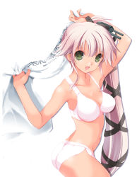 Rule 34 | 1girl, :d, arm up, bikini, black ribbon, breasts, collarbone, english text, from side, green eyes, hair ribbon, holding, holding towel, kantai collection, long hair, looking at viewer, medium breasts, nagato tamakichi, navel, open mouth, pink hair, ribbon, smile, solo, swimsuit, towel, very long hair, white background, white bikini, yura (kancolle)