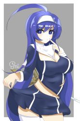 Rule 34 | 1girl, absurdres, ahoge, blue hair, blue skirt, breasts, cheek poking, cleavage, clothes lift, cowboy shot, emi mi16, grey background, hair between eyes, hairband, highres, long hair, long sleeves, looking at viewer, md5 mismatch, midriff, orie ballardiae harada, poking, pout, purple eyes, simple background, skirt, skirt lift, solo, standing, sword, under night in-birth, weapon
