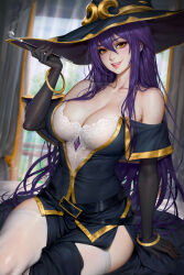 Rule 34 | 1girl, belt, black jacket, black skirt, bracelet, breasts, brown eyes, cleavage, elbow gloves, gloves, goblin slayer!, gold trim, hat, highres, holding, holding smoking pipe, jacket, jewelry, large breasts, long hair, looking at viewer, neoartcore, off-shoulder jacket, off shoulder, pelvic curtain, purple hair, side slit, skirt, smile, smoking pipe, solo, thighhighs, very long hair, white thighhighs, witch (goblin slayer!), witch hat