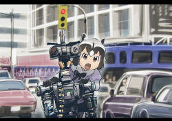 Rule 34 | 10s, 1girl, animal ears, black hair, bow, bowtie, brown eyes, car, chromatic aberration, commentary request, common raccoon (kemono friends), fang, gloves, grey hair, johnny 5, kemono friends, mechanical, motor vehicle, multicolored hair, open mouth, outdoors, raccoon ears, robot, short circuit iii, short hair, short sleeves, traffic light, ueyama michirou