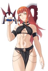 Rule 34 | 1girl, armband, axe, bare shoulders, black choker, breasts, choker, commentary, cowboy shot, criss-cross halter, crop top, english commentary, eyeshadow, facial mark, fire emblem, fire emblem engage, groin, halterneck, hand up, highres, holding, holding axe, holding weapon, loincloth, long hair, makeup, meme attire, midriff, navel, nintendo, orange hair, panette (fire emblem), parted lips, pomelomelon, revealing clothes, simple background, small breasts, solo, standing, stomach, thighs, weapon, white background, yellow eyes, yomorio lingerie