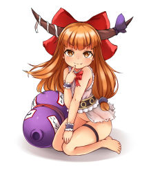 Rule 34 | &gt;:), 1girl, barefoot, belt, bottomless, bow, closed mouth, fang, fang out, finger to mouth, full body, gourd, hair bow, hand up, highres, horn ornament, horn ribbon, horns, ibuki suika, long hair, looking at viewer, orange eyes, orange hair, ribbon, seductive smile, seiza, shirt, simple background, sitting, sleeveless, sleeveless shirt, smile, solo, thigh strap, touhou, v-shaped eyebrows, white background, yangshangshu