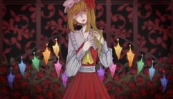 Rule 34 | 1girl, absurdres, akishi ra, ascot, blonde hair, blouse, bow, bush, crystal, dark background, eyes visible through hair, flandre scarlet, flower, hair bow, hat, highres, lake, lipstick, long hair, long sleeves, looking down, makeup, md5 mismatch, mob cap, patterned background, puffy long sleeves, puffy sleeves, rainbow wings, red bow, red eyes, red skirt, resolution mismatch, rose, self-upload, shirt, side ponytail, skirt, solo, source smaller, standing, touhou, white shirt, wings