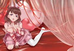 Rule 34 | 10s, 1girl, akino reo, barefoot, blue eyes, blush, breasts, brown hair, choker, curtains, dress, earrings, hairband, heart, heart-shaped pupils, heart earrings, heart-shaped pillow, idolmaster, idolmaster cinderella girls, jewelry, large breasts, looking at viewer, nipples, no shoes, open mouth, pillow, ribbon, sakuma mayu, short hair, single thighhigh, smile, solo, symbol-shaped pupils, thighhighs, white thighhighs