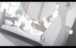 Rule 34 | 1boy, 2girls, aqua (konosuba), bad id, bad pixiv id, bed, bed sheet, blush, caught, clothed female nude male, clothes pull, commentary request, detached sleeves, dress pull, dutch angle, from side, greyscale, half updo, hetero, indoors, kono subarashii sekai ni shukufuku wo!, letterboxed, long hair, looking at another, lying, megumin, missionary, monochrome, multiple girls, nude, on back, on bed, open window, panties, panties around leg, pillow, satou kazuma, sex, shirousa, short hair with long locks, standing, sweat, turn pale, underwear, walk-in, window, window shadow