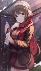 Rule 34 | 1girl, adjusting scarf, blue eyes, blunt bangs, blurry, blurry background, blush, breasts, brown hair, brown jacket, brown sweater, colored inner hair, cowboy shot, g home, hands up, holding, jacket, large breasts, long hair, long sleeves, looking at viewer, maplestory, multicolored hair, open clothes, open jacket, outdoors, parted lips, pleated skirt, red hair, red scarf, red skirt, scarf, skirt, snowing, solo, standing, sweater