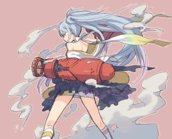 Rule 34 | 1girl, auru t, bare shoulders, blue hair, choker, copyright request, fighting stance, highres, japanese clothes, kimono, kimono skirt, legs apart, long hair, off shoulder, outline, pink background, ponytail, profile, red eyes, ribbon, ribbon choker, simple background, sketch, smoke, solo, very long hair, white ribbon