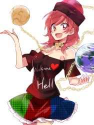Rule 34 | 1girl, 6 (yuchae), chain, clothes writing, collar, earth (ornament), hat, hecatia lapislazuli, highres, long hair, moon (ornament), multicolored clothes, multicolored skirt, open mouth, red eyes, red hair, shirt, skirt, smile, solo, t-shirt, touhou