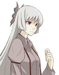 Rule 34 | 1girl, clenched hand, closed mouth, collared shirt, expressionless, female focus, fujiwara no mokou, grey shirt, kajiki, long sleeves, lowres, red eyes, shirt, silver hair, simple background, solo, suspenders, touhou, upper body, white background