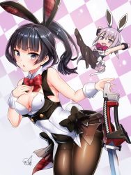 Rule 34 | 2girls, :d, :o, agatsuma kaede, alice gear aegis, animal ears, bare shoulders, black bow, black hair, blunt bangs, bow, bowtie, breasts, brown legwear, checkered background, chibi, cleavage, commentary request, covered navel, cowboy shot, doyouwantto, fake animal ears, fake tail, grey eyes, hair between eyes, hand on own chest, hirasaka yotsuyu, leaning forward, leotard, long hair, looking at viewer, medium breasts, multiple girls, open mouth, outstretched arms, pantyhose, pink background, pink eyes, pink hair, playboy bunny, ponytail, rabbit ears, rabbit tail, red bow, red neckwear, shiny clothes, shiny skin, sidelocks, signature, sleeveless, smile, standing, sword, tail, thighband pantyhose, weapon, white background, wrist cuffs