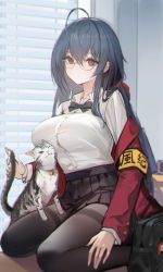 Rule 34 | 1girl, absurdres, ahoge, armband, azur lane, bag, black bow, black bowtie, black hair, black pantyhose, bow, bowtie, breasts, button gap, cat, coat, collared shirt, genera-x, glasses, hair between eyes, hand on own leg, high-waist skirt, highres, indoors, large breasts, long hair, looking at viewer, off shoulder, official alternate costume, pantyhose, pleated skirt, red coat, red eyes, school bag, school uniform, shirt, shirt tucked in, skirt, solo, taihou (azur lane), taihou (sweet time after school) (azur lane), taut clothes, taut shirt, white shirt, window blinds, yellow armband