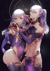 Rule 34 | 1boy, 1girl, abs, armlet, armor, bare shoulders, bikini armor, blush, bracelet, breasts, collar, detached sleeves, dress, dual persona, earrings, fate/grand order, fate (series), floral print, food, fruit, genderswap, genderswap (ftm), hair ribbon, highres, jewelry, kama (fate), kama (second ascension) (fate), large breasts, long hair, looking at viewer, metal collar, navel, open mouth, pelvic curtain, pomegranate, purple dress, purple sleeves, purple thighhighs, red eyes, ribbon, ring, shei99, silver hair, thighhighs, thighlet, thighs, tongue, tongue out