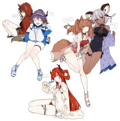 Rule 34 | 5girls, angelina (arknights), angelina (summer flower) (arknights), animal ears, arknights, carnelian (arknights), carnelian (shimmering dew) (arknights), cow ears, cow girl, cow horns, dark-skinned female, dark skin, demon girl, demon horns, food, fox ears, fox girl, fox tail, goat ears, goat girl, goat horns, goma 74umai, highres, holding, holding food, hood, horns, infection monitor (arknights), multiple girls, official alternate costume, popsicle, projekt red (arknights), projekt red (light breeze) (arknights), sideroca (arknights), sideroca (light breeze) (arknights), slippers, surtr (arknights), surtr (colorful wonderland) (arknights), swimsuit, tail, wolf ears, wolf girl, wolf tail