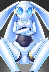 Rule 34 | blue eyes, colored skin, crossed arms, disney, drossel von flugel, fireball (series), highres, humanoid robot, joints, looking at viewer, no humans, no mouth, robot, robot girl, robot joints, shiny skin, simple background, solo, spread legs, squatting, user pxys7455, white background, white skin