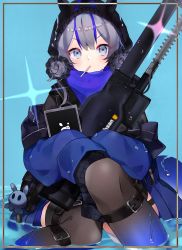 Rule 34 | 1girl, absurdres, animal ears, arknights, blue eyes, blue hair, blunt bangs, blush, candy, charm (object), double bun, food, food in mouth, glaucus (arknights), hair bun, highres, lollipop, long sleeves, magnetic weapon, multicolored hair, railgun, shiromoca, solo, streaked hair, tablet pc, thighhighs, weapon