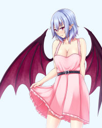 Rule 34 | 1girl, aged up, arm behind back, bat wings, belt, blue background, blue hair, breasts, cleavage, clothes lift, collarbone, dress, dress lift, fangs, highres, large breasts, lifted by self, nail polish, pink dress, pink nails, pointy ears, red eyes, remilia scarlet, short hair, solo, touhou, vampire, wings, zellam