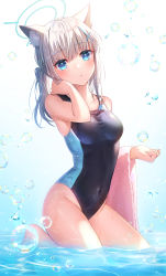 Rule 34 | 1girl, absurdres, animal ear fluff, animal ears, bare arms, blue archive, blue eyes, blush, bubble, cat ears, competition swimsuit, cross hair ornament, grey hair, groin, hair ornament, halo, hand in own hair, highleg, highleg swimsuit, highres, kneeling, looking at viewer, medium hair, one-piece swimsuit, parted lips, ponytail, shiroko (blue archive), shiroko (swimsuit) (blue archive), solo, swimsuit, thighs, towel, towel on arm, two-tone swimsuit, umishima rinta, water, wet