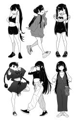 Rule 34 | 1girl, backpack, bag, blush stickers, braid, breasts, clenched hands, double bun, fang, fang out, fumitan (humitan), greyscale, hair bun, hand in own hair, hat, high-waist pants, high-waist shorts, highres, hood, hoodie, leg up, long hair, looking at viewer, midriff, monochrome, multiple views, navel, original, pants, ponytail, shorts, simple background, sleeves past wrists, smile, towel, twin braids, twintails, white background