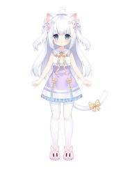 Rule 34 | 1girl, ahoge, animal ear fluff, animal ears, blue eyes, bow, cat ears, cat girl, cat tail, child, dress, full body, hair bow, heart, heart ahoge, highres, long hair, open mouth, original, pantyhose, pink dress, pink footwear, ribbon, short dress, simple background, sleeveless, sleeveless dress, slippers, solo, tail, tail ornament, tail ribbon, tsukimi (xiaohuasan), two side up, white background, white hair, white pantyhose