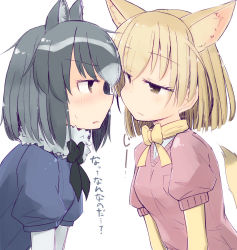 Rule 34 | 10s, 2girls, animal ears, blonde hair, blue sweater, blush, bow, bowtie, brown eyes, common raccoon (kemono friends), extra ears, eye contact, face-to-face, fennec (kemono friends), fox ears, from side, fur collar, grey hair, hakuun (m2230), half-closed eyes, head tilt, imminent kiss, kemono friends, looking at another, multicolored hair, multiple girls, parted lips, pink sweater, raccoon ears, short hair, short sleeves, simple background, sweater, translated, upper body, white background, yuri