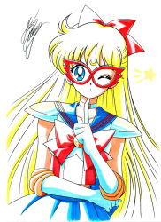 Rule 34 | 1girl, aino minako, bishoujo senshi sailor moon, blonde hair, blue eyes, blue sailor collar, blue skirt, bow, brooch, choker, cowboy shot, crescent, crescent facial mark, earrings, elbow gloves, facial mark, finger to mouth, forehead mark, gloves, hair bow, half updo, highres, jewelry, long hair, looking at viewer, magical girl, marco albiero, marker (medium), mask, one eye closed, pleated skirt, red bow, sailor collar, sailor v, shoulder pads, signature, skirt, solo, star (symbol), traditional media, white background, white gloves