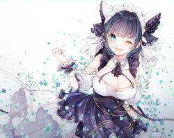 Rule 34 | 1girl, absurdres, apron, aqua eyes, azur lane, blush, breasts, cheshire (azur lane), cleavage, detached sleeves, dress, fang, frilled hairband, frilled headband, frilled ribbon, frills, hairband, highres, lace trim, large breasts, long ribbon, looking at viewer, maid, maid headdress, multicolored hair, noyu (noyu23386566), one eye closed, open mouth, puffy detached sleeves, puffy sleeves, purple apron, ribbon, skin fang, smile, solo, streaked hair, wrist cuffs