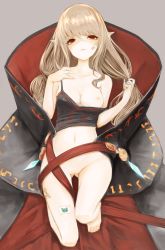 Rule 34 | 1girl, absurdres, bandages, bandaid, bandaid on face, bandaid on leg, black shirt, blonde hair, blouse, cape, commission, commissioner upload, dungeon and fighter, full body, highres, ikki the vikki, long hair, miyopiwi, no bra, no panties, shirt, skeb commission, solo, undressing