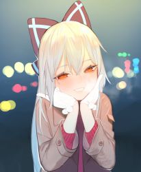 Rule 34 | 1girl, beijuu, blue bow, bow, brown coat, buttons, head rest, coat, girls&#039; frontline, gloves, hands on own face, highres, long hair, long sleeves, looking at viewer, orange eyes, red shirt, shirt, tokarev (girls&#039; frontline), white gloves, white hair