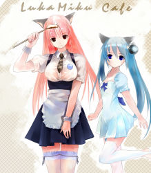 Rule 34 | 2girls, animal ears, apron, bad id, bad pixiv id, blue eyes, blue hair, breasts, cat ears, dress, eyebrows, flat chest, frilled legwear, h016, hatsune miku, head tilt, height difference, large breasts, long hair, looking at viewer, megurine luka, multiple girls, necktie, pink hair, plaid, plaid background, red eyes, red hair, thighhighs, toeless legwear, toes, twintails, very long hair, vocaloid, waist apron, waitress, white legwear, wrist cuffs, zettai ryouiki