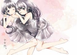 Rule 34 | 2girls, bad id, bad pixiv id, bare arms, bare legs, bare shoulders, barefoot, black dress, black eyes, black hair, blush, breasts, cleavage, dress, feet, frilled dress, frills, incest, legs, long hair, looking at viewer, low-tied long hair, morina nao, multiple girls, one eye closed, original, siblings, sisters, text focus, translation request, twincest, twins, wince