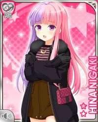 Rule 34 | 1girl, :o, bag, black coat, black gloves, brown dress, brown sweater, character name, coat, cold, dress, girlfriend (kari), gloves, handbag, jewelry, long hair, multicolored hair, necklace, niigaki hina, official art, open mouth, pink hair, purple eyes, purple hair, qp:flapper, solo, striped clothes, striped sweater, sweater, tagme, two-tone hair, winter clothes, winter coat