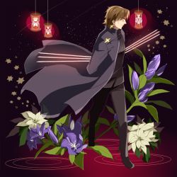Rule 34 | 1boy, bad id, bad pixiv id, brown hair, cassock, cheekbones, closed eyes, cross, cross necklace, fate/stay night, fate (series), flower, hourglass, jewelry, kotomine kirei, long coat, male focus, mitarashi fate, necklace, smile, solo