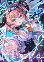 Rule 34 | 1girl, akami770, aqua necktie, black hairband, black shorts, black thighhighs, blue eyes, breasts, collared shirt, hair between eyes, hairband, heart, highres, holding, holding microphone, jacket, large breasts, lishenna omen of destruction, long hair, long sleeves, microphone, necktie, neon lights, open mouth, orange hair, orange ribbon, ribbon, shadowverse, shirt, shirt tucked in, shorts, smile, thighhighs, thighs, tongue, very long hair, white jacket, white shirt, wide sleeves, wing collar