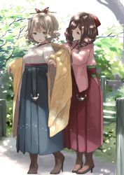 Rule 34 | 2girls, anchor, blonde hair, blue eyes, boots, bow, brown eyes, brown footwear, brown hair, bush, cross-laced footwear, drill hair, full body, furisode, hair between eyes, hair bow, hakama, hakama short skirt, hakama skirt, harukaze (kancolle), hatakaze (kancolle), high heel boots, high heels, japanese clothes, kantai collection, kimono, knee boots, lace-up boots, light smile, looking at another, matsutani, meiji schoolgirl uniform, multiple girls, open mouth, pink hakama, pink kimono, ponytail, red bow, red hakama, short hair, skirt, stairs, standing, stone stairs, tree, tree shade, twin drills