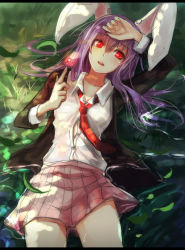 Rule 34 | 1girl, animal ears, arm up, collarbone, dappled sunlight, energy ball, finger gun, grass, jacket, long sleeves, lying, nakaichi (ridil), necktie, on back, open clothes, open jacket, open mouth, purple hair, rabbit ears, red eyes, red necktie, reisen udongein inaba, shirt, skirt, solo, sunlight, touhou, zeb nakaichi