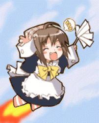 Rule 34 | 1girl, animated, animated gif, chibi, chibi only, duster, fire, flying, lowres, maid, solo, striped clothes, striped thighhighs, suigetsu, thighhighs, waha, waha~ (meme), yamato suzuran