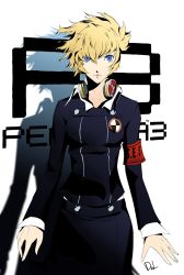 Rule 34 | 1girl, aegis (persona), armband, blonde hair, blue eyes, commentary, copyright name, dh (brink of memories), duplicate, headphones, highres, looking at viewer, official style, persona, persona 3, personification, school uniform, shadow, signature, solo, white background