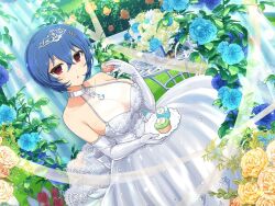 Rule 34 | 1girl, amane (senran kagura), basket, blue flower, blue hair, blue rose, blush, bow, breasts, bride, bush, cleavage, cupcake, curtains, dessert, dress, elbow gloves, flower, flower basket, food, frilled dress, frills, garden, gloves, grass, hair ornament, hairpin, holding, holding food, holding plate, icing, lace, lace trim, large breasts, leaf, looking at viewer, macaron, official alternate costume, official art, open mouth, orange flower, orange rose, plant, plate, red eyes, red flower, red tulip, rose, see-through, see-through cleavage, senran kagura, senran kagura new link, short hair, solo, standing, streamers, sweets, table, tiara, tulip, waist bow, wedding dress, white bow, white dress, white flower, white gloves, white rose, yaegashi nan, yellow flower, yellow rose