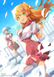 Rule 34 | 2girls, amiami (company), amico, bag, black socks, blue eyes, blue hair, day, feathers, green eyes, hair ornament, high-waist skirt, highres, lilco, long hair, looking at viewer, multiple girls, official art, open mouth, orange hair, outdoors, pink skirt, railing, rooftop, school uniform, shirt, short twintails, skirt, sky, socks, standing, thighhighs, twintails, two side up, white shirt, white thighhighs, yumekui