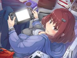 Rule 34 | 1girl, blush, boris (noborhys), brown eyes, brown hair, controller, famicom, game console, game controller, gamecube, gamepad, grey eyes, hair ornament, hairclip, handheld game console, highres, holding, hood, hoodie, looking at viewer, looking back, matching hair/eyes, nintendo, nintendo 64, nintendo switch, original, playing games, red hair, smile, solo, super famicom, wii, wii remote, wii u