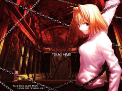 Rule 34 | 00s, 1girl, arcueid brunestud, arm up, blonde hair, chain, long skirt, long sleeves, looking at viewer, melty blood, red eyes, restrained, short hair, skirt, smile, solo, sweater, takeuchi takashi, tsukihime, turtleneck, type-moon, wallpaper