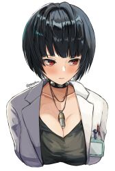 Rule 34 | 1girl, black choker, black dress, black hair, blunt bangs, blush, bob cut, breasts, choker, cleavage, closed mouth, coat, collarbone, commentary request, cropped torso, dress, highres, jewelry, lab coat, medium breasts, necklace, open clothes, open coat, persona, persona 5, pppppknw, red eyes, short hair, simple background, solo, takemi tae, twitter username, white background, white coat