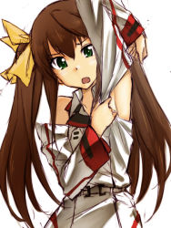 Rule 34 | 10s, 1girl, :o, arm up, armpits, brown hair, fang, green eyes, hair ribbon, hamao, huang lingyin, infinite stratos, open mouth, ribbon, solo, twintails, undressing