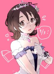 Rule 34 | 1girl, arm garter, asano fuka, bare shoulders, blush, book, bracelet, breasts, brown eyes, brown hair, clenched hand, dot nose, dress, flying sweatdrops, frilled dress, frills, glasses, glint, gloves, hand up, heart, highres, idolmaster, idolmaster cinderella girls, idolmaster cinderella girls starlight stage, jewelry, koromo (coume 18), large breasts, looking at viewer, parted lips, pearl bracelet, pearl choker, pink background, short hair, simple background, solo, sparkle, speech bubble, starry sky bright (idolmaster), strapless, strapless dress, tiara, white dress, white gloves