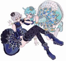 Rule 34 | 2girls, ao (ao0 0nemu), bad id, bad twitter id, bare shoulders, black thighhighs, blue dress, blue eyes, blue footwear, blue hair, boots, braid, crossed legs, crown, dorothy west, dress, frilled dress, frills, full body, green eyes, grey hair, hair between eyes, highres, idol clothes, knees up, looking at another, mini crown, multiple girls, one eye closed, open mouth, pretty series, pripara, purple footwear, shikyoin hibiki, short hair, side braid, simple background, sitting, sleeveless, sleeveless dress, smile, thighhighs, white background