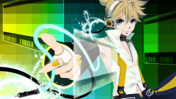 Rule 34 | 1boy, arm warmers, blonde hair, blue eyes, collar, elbow gloves, fingerless gloves, gloves, headphones, highres, kagamine len, kagamine len (append), male focus, navel, noriko (ree11190401), outstretched hand, popped collar, rinko (41r), solo, vest, vocaloid, vocaloid append