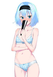 Rule 34 | 10s, 1girl, absurdres, aoreyo, arm grab, bad id, bad pixiv id, black hairband, blue bra, blue eyes, blue hair, blue panties, blush, bow, bow bra, bow panties, bra, checkered bra, checkered clothes, checkered panties, collarbone, commentary request, covering own mouth, cowboy shot, flat chest, folding fan, gluteal fold, hair ornament, hairband, hand fan, highres, holding, looking at viewer, navel, panties, plaid, plaid panties, ryuuou no oshigoto!, short hair, simple background, snowflake hair ornament, solo, sora ginko, standing, underwear, underwear only, white background