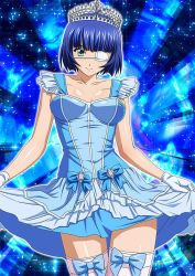 Rule 34 | 00s, 1girl, blue dress, blue hair, blue ribbon, breasts, collarbone, diadem, dress, eyepatch, gloves, green eyes, ikkitousen, looking at viewer, medium breasts, mole, mole under eye, mole under mouth, ribbon, ryomou shimei, short hair, skirt hold, smile, solo, thighhighs, white gloves